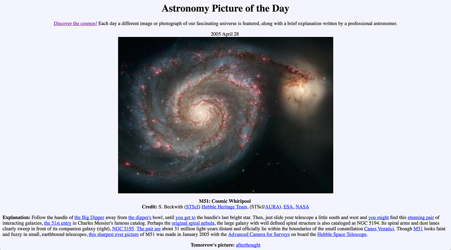 The original Astornomy Picture of the Day on NASA's website.